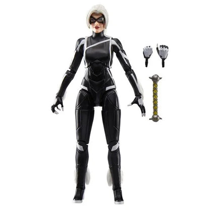 Marvel Legends Black Cat 6-inch figure from Spider-Man 2 shown with alternate hands and whip accessory.
