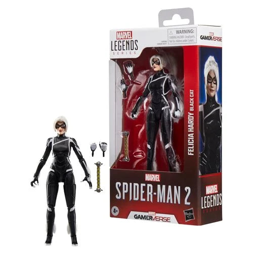 Marvel Legends Series Spider-Man 2 Black Cat action figure with box and included accessories displayed together.