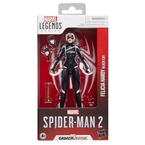 Front close-up of Hasbro Marvel Legends Spider-Man 2 Black Cat retail packaging, showing Felicia Hardy artwork and logo.