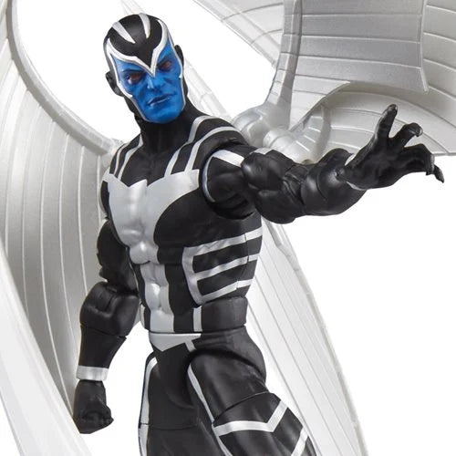 Hasbro Marvel Legends X-Force Archangel close-up showing blue face, metallic wings, and black-and-silver armor.