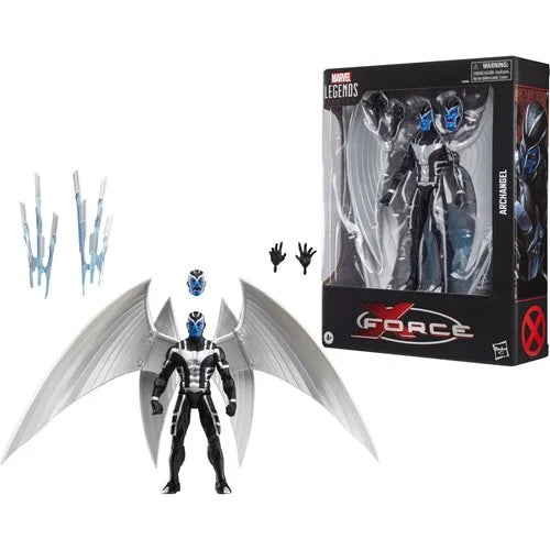 Marvel Legends X-Force Archangel action figure displayed with accessories and retail box — includes alternate heads, hands, and translucent wing blast effects.