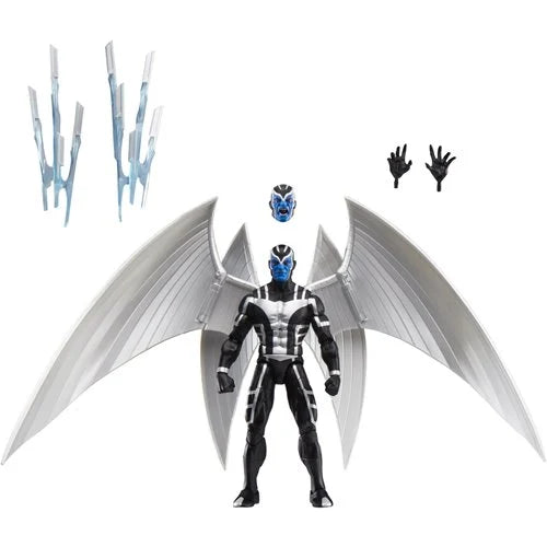 Hasbro Marvel Legends X-Force Archangel action figure with wings fully extended and accessories displayed — includes alternate head, hands, and translucent wing blasts.