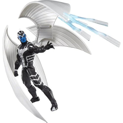 Marvel Legends X-Force Archangel action figure firing translucent blue wing blasts in dynamic mid-air pose with metallic wings extended.