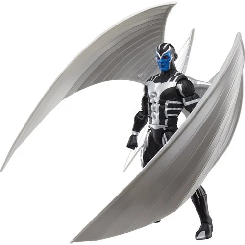 Hasbro Marvel Legends X-Force Archangel action figure posed with folded metallic wings in defensive stance, showcasing detailed black-and-silver armor.