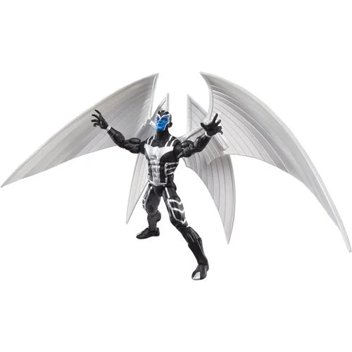 Marvel Legends X-Force Archangel action figure in wide stance with metallic wings fully extended and arms open, capturing flight-ready display pose.