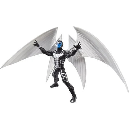 Marvel Legends X-Force Archangel action figure in wide stance with metallic wings fully extended and arms open, capturing flight-ready display pose.