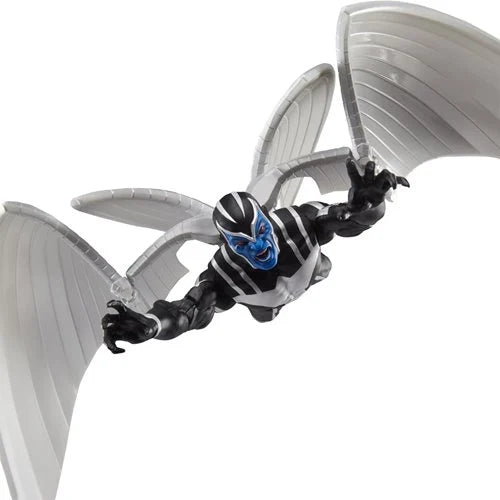 Hasbro Marvel Legends X-Force Archangel action figure in aerial dive pose with metallic wings extended and intense expression.