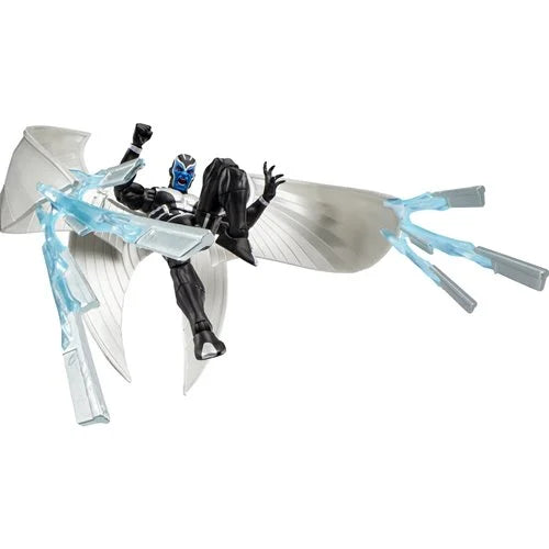 Marvel Legends X-Force Archangel action figure firing multiple translucent blue wing blasts while in flight, dynamic Hasbro collector display pose.