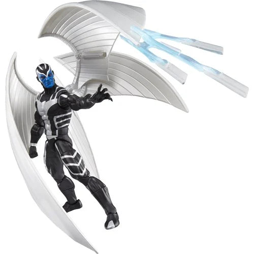 Marvel Legends X-Force Archangel action figure launching translucent blue wing blasts in dynamic combat pose with silver wings extended.