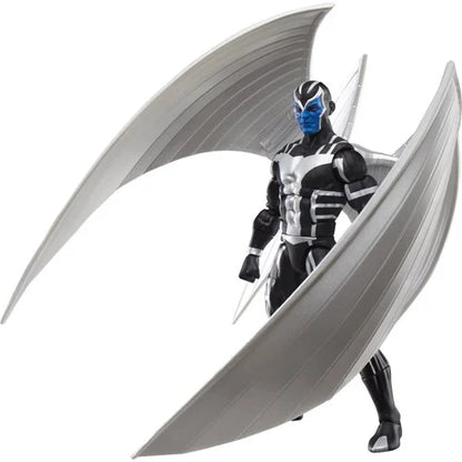 Marvel Legends X-Force Archangel action figure posed with curved metallic wings folded forward in defensive stance, detailed black-and-silver armor visible.