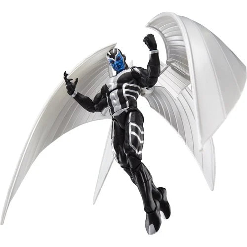 Hasbro Marvel Legends X-Force Archangel action figure soaring upward with fists raised, showcasing articulated metallic wings and detailed sculpt.