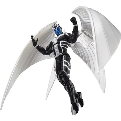 Hasbro Marvel Legends X-Force Archangel action figure soaring upward with fists raised, showcasing articulated metallic wings and detailed sculpt.