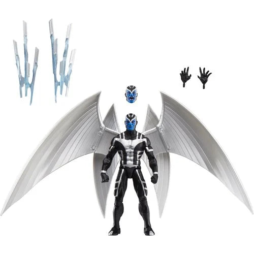 Marvel Legends X-Force Archangel action figure with metallic wings extended and accessories displayed — includes alternate head, hands, and translucent wing blasts.