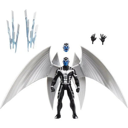 Marvel Legends X-Force Archangel action figure with metallic wings extended and accessories displayed — includes alternate head, hands, and translucent wing blasts.