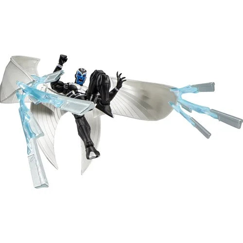 Hasbro Marvel Legends X-Force Archangel action figure in flight firing multiple translucent blue wing blasts, dynamic collector display pose.