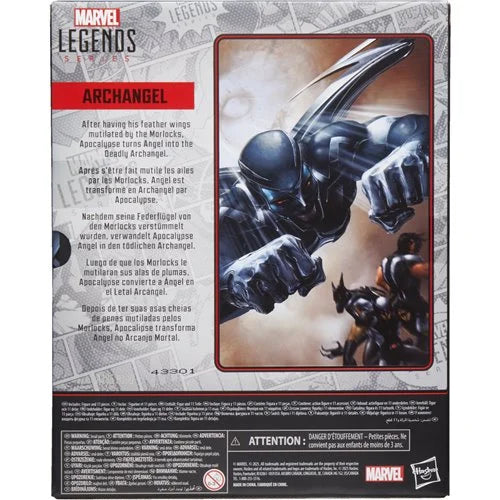 Back of Marvel Legends X-Force Archangel box featuring character artwork, multilingual biography, and official Hasbro branding.