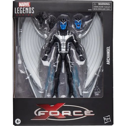 Front view of Hasbro Marvel Legends X-Force Archangel action figure in retail box with alternate heads displayed behind clear window packaging.
