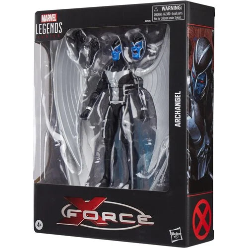 Angled view of Hasbro Marvel Legends X-Force Archangel figure in collector packaging featuring X-Force logo and character artwork on side panel.