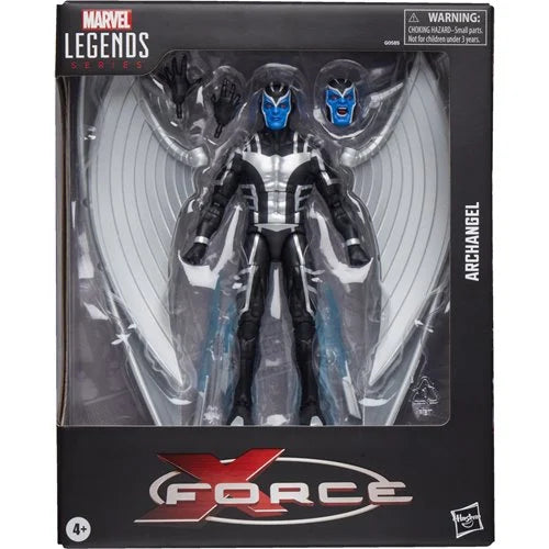 Front-facing view of Marvel Legends X-Force Archangel figure packaged in Hasbro collector box with alternate heads and hands visible through clear display window.
