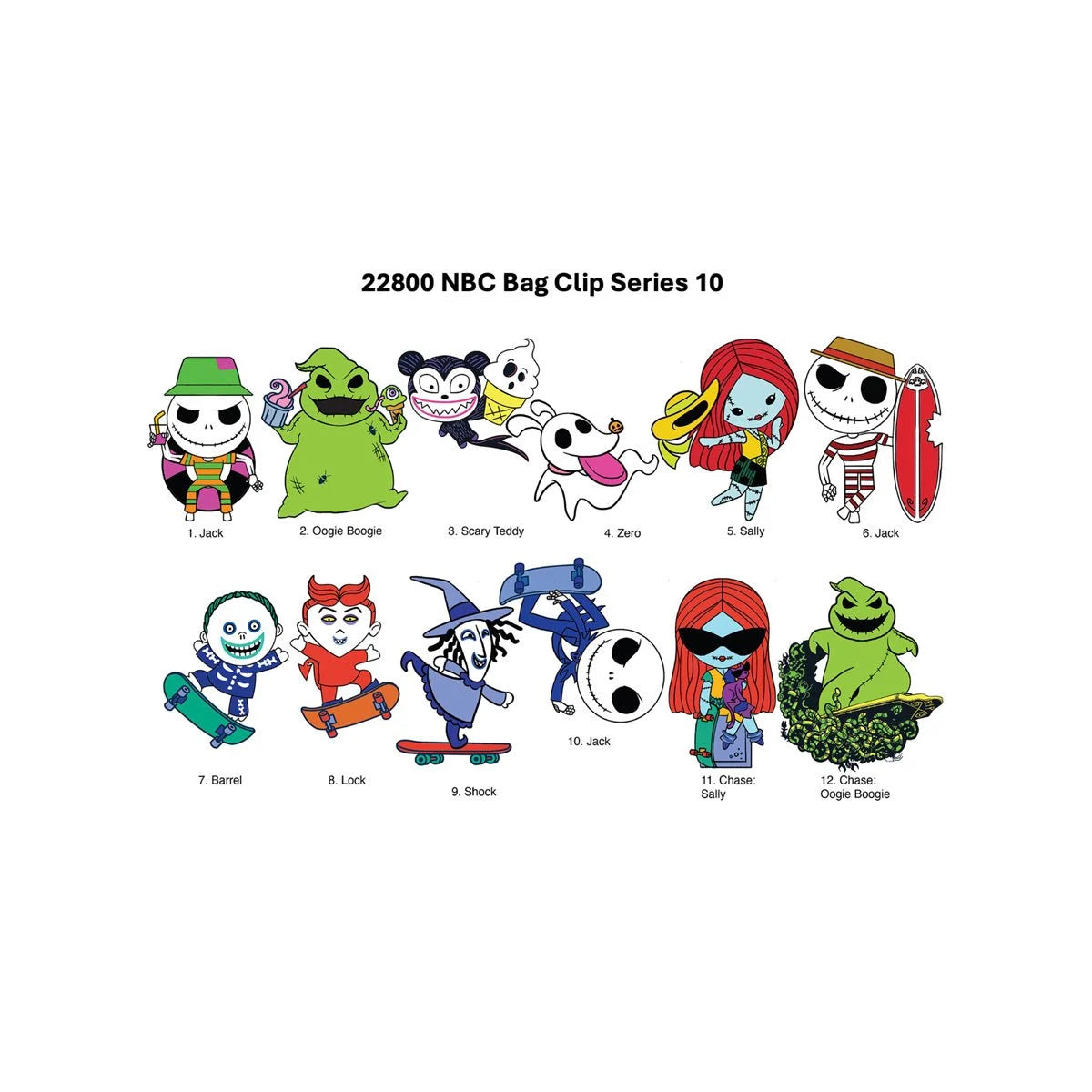 Illustrated checklist for NBX Series 10 bag clips showing all characters and two chase variants.