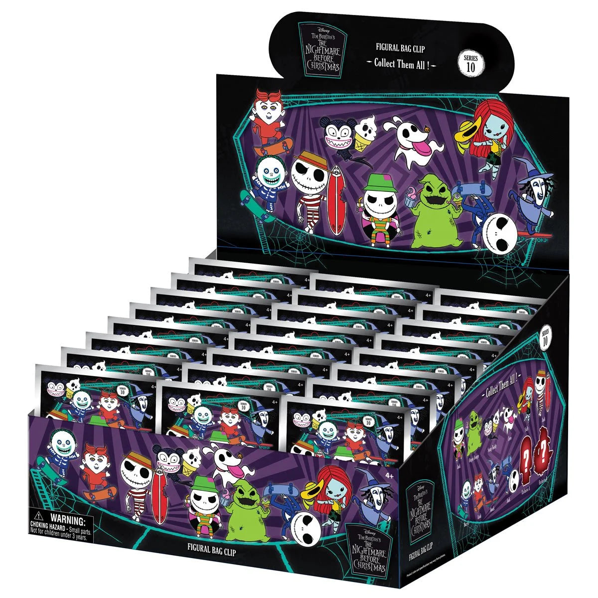 Open retail display of Series 10 NBX 3D Foam Bag Clips arranged in rows for store presentation.