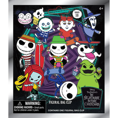 Nightmare Before Christmas Series 10 blind bag packaging featuring Jack, Sally, Zero, and Oogie Boogie artwork.