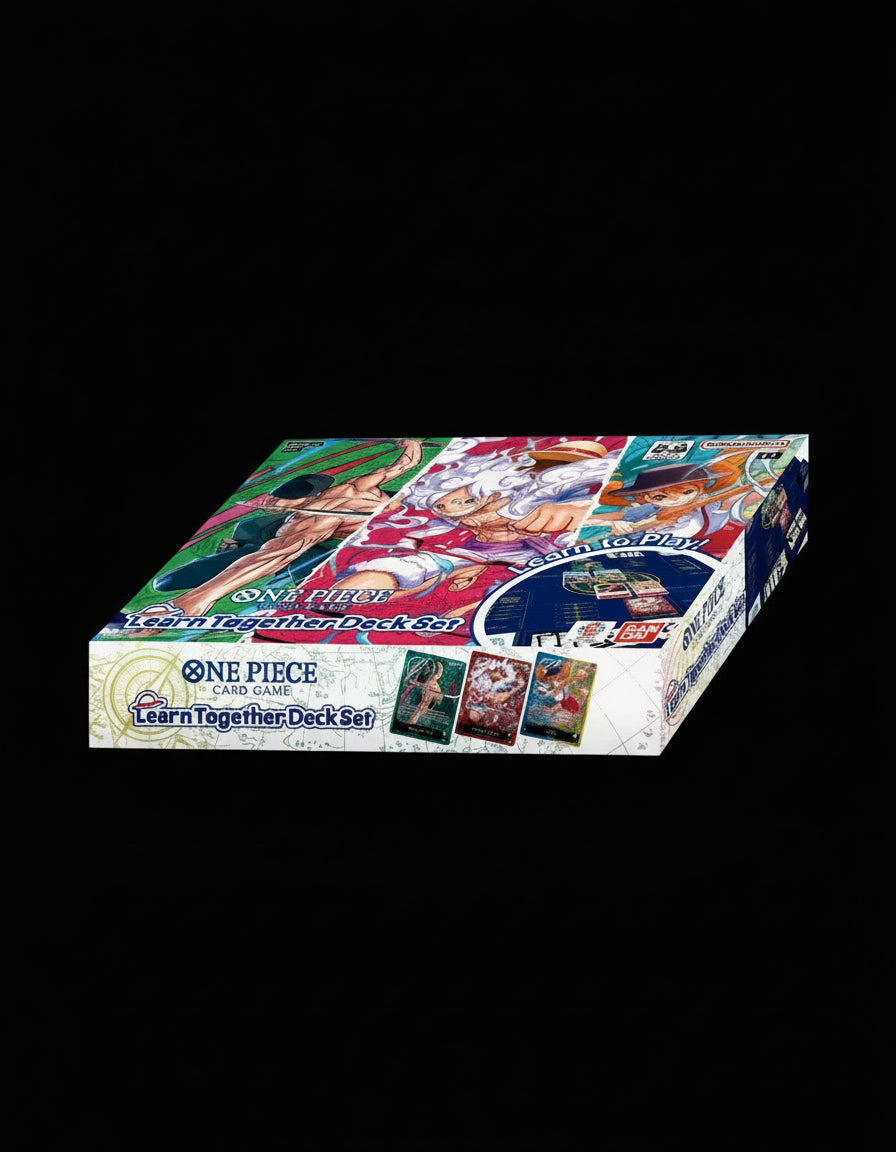 Angled image of the One Piece Learn Together Deck Set showing box layout, included sample cards, and Learn to Play branding.