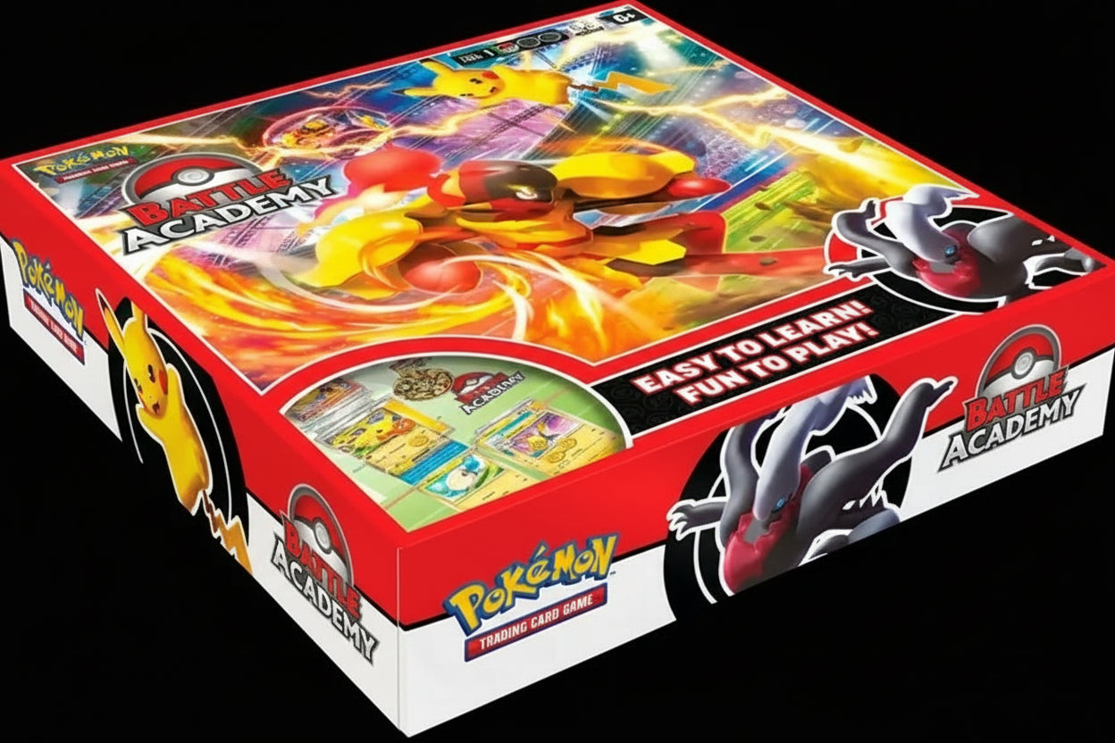 Angled view of the Pokémon TCG Battle Academy boxed set showing Armarouge, Pikachu, and Darkrai artwork with Easy to Learn, Fun to Play branding.