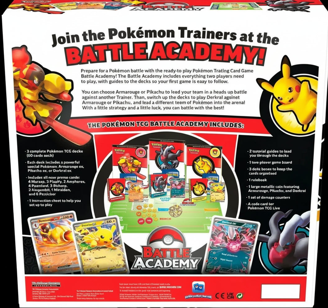 Back of the Pokémon TCG Battle Academy boxed set showing contents list, deck previews, tutorial materials, and included cards featuring Armarouge, Pikachu, and Darkrai.