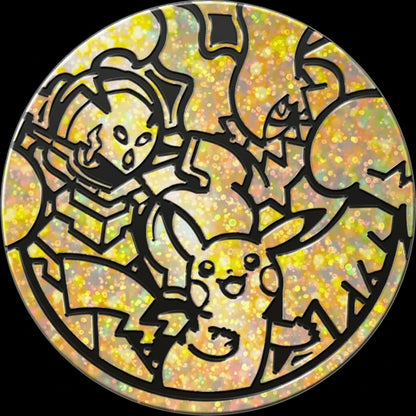 Holographic Pokémon TCG Battle Academy metallic coin featuring Pikachu, Armarouge, and Darkrai in a gold glitter finish.