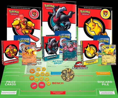 Contents of the Pokémon TCG Battle Academy set shown on the playmat, including Armarouge, Darkrai, and Pikachu decks, tutorial guides, damage counters, and promo cards.