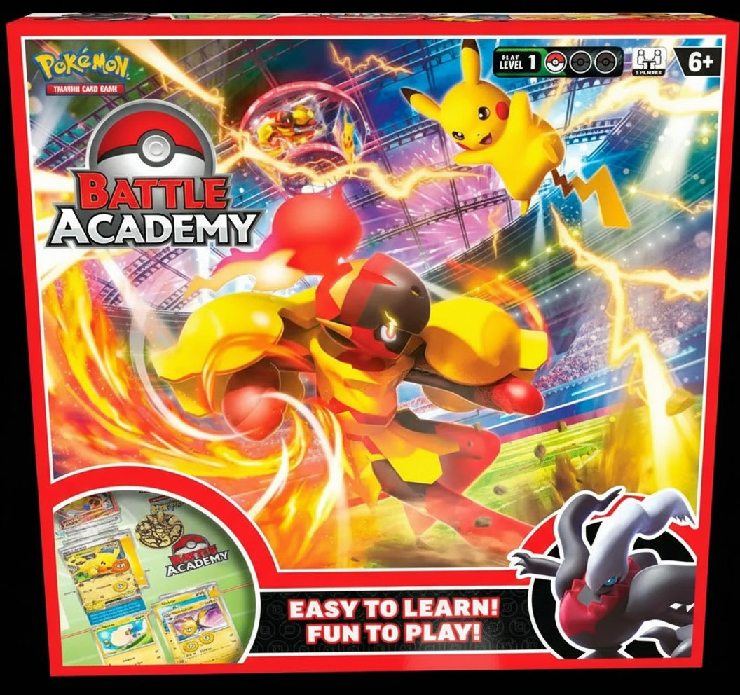 Pokémon TCG Battle Academy boxed set front view featuring Pikachu, Armarouge, and Darkrai artwork; beginner-friendly Level 1 product.