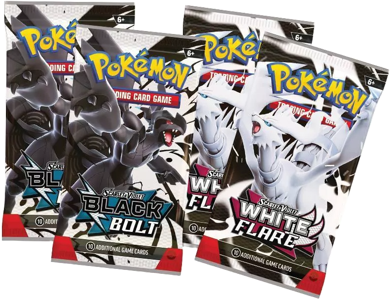 Close-up of Black Bolt and White Flare booster packs from the Pokémon TCG Unova Poster Collection.