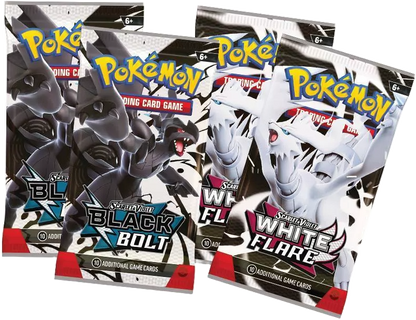 Close-up of Black Bolt and White Flare booster packs from the Pokémon TCG Unova Poster Collection.