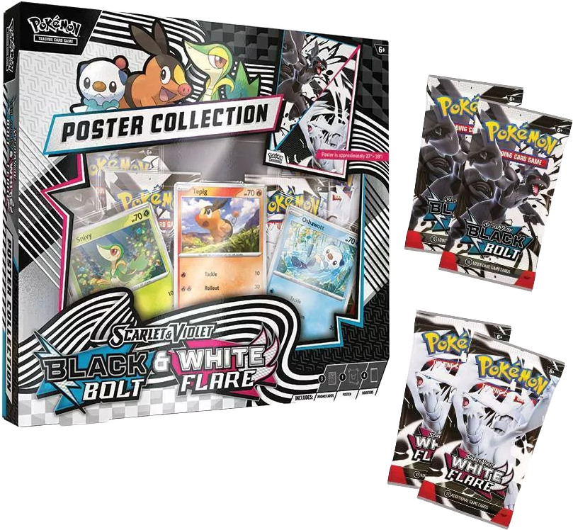 Unova Poster Collection box shown with four included booster packs from Black Bolt and White Flare.