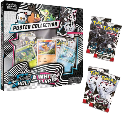 Unova Poster Collection box shown with four included booster packs from Black Bolt and White Flare.