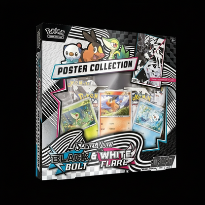 Pokémon TCG Unova Poster Collection front box image featuring Snivy, Tepig, Oshawott and Scarlet & Violet Black Bolt and White Flare branding.