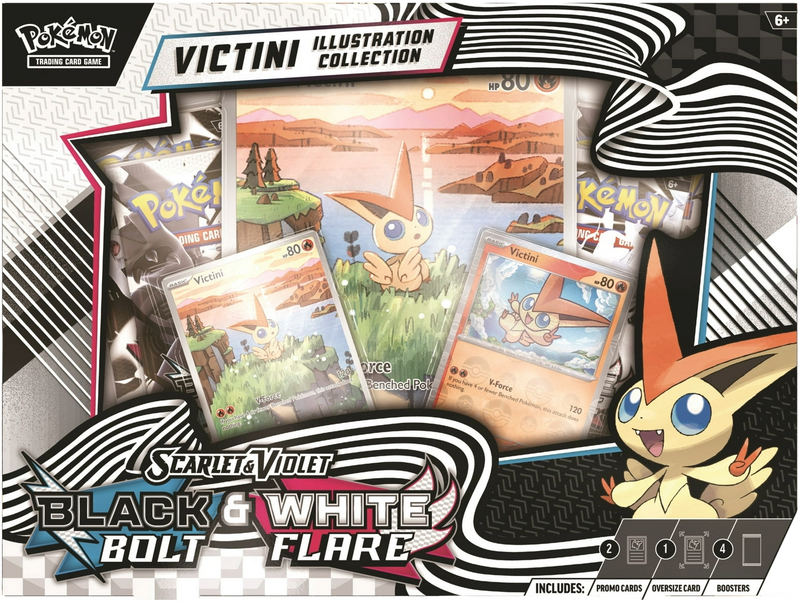 Front view of the Pokémon TCG Unova Victini Illustration Collection featuring Victini promo cards and Black Bolt/White Flare booster packs.