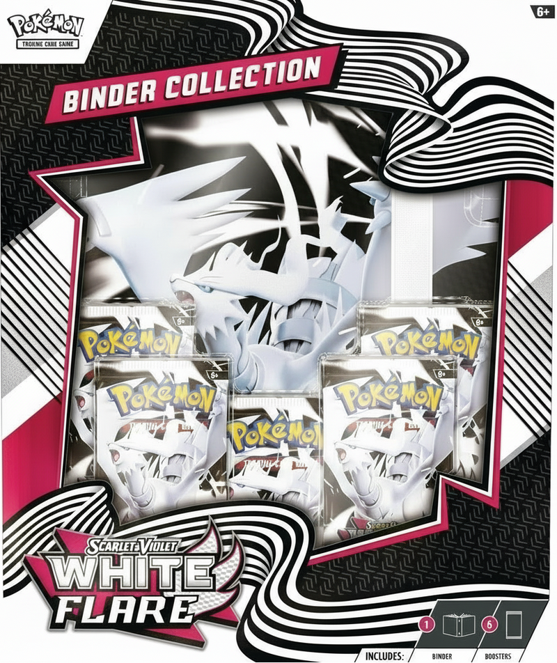 Front view of the Pokémon TCG Scarlet & Violet – White Flare Binder Collection featuring Reshiram and five included booster packs.