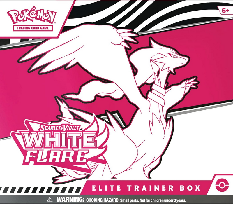 Front view of the Pokémon TCG Scarlet & Violet—White Flare Elite Trainer Box featuring Reshiram line-art design.