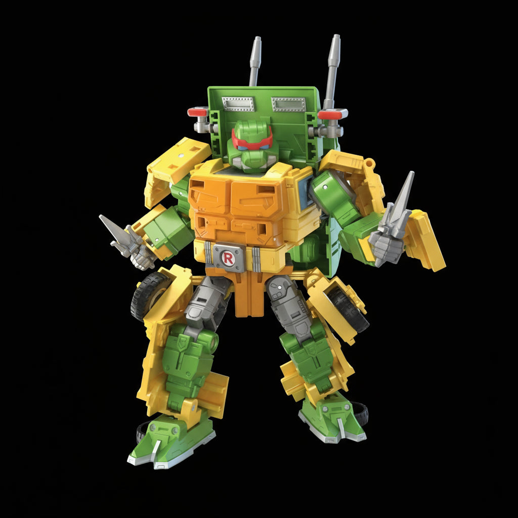 Transformers x TMNT Party Wallop robot mode with ninja weapons and detailed 1987 cartoon colors.