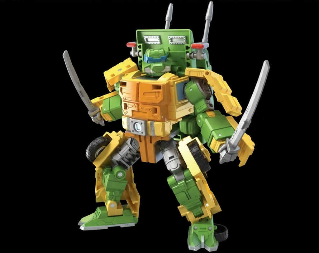 Party Wallop figure posed with twin swords showing articulation and turtle conversion features.