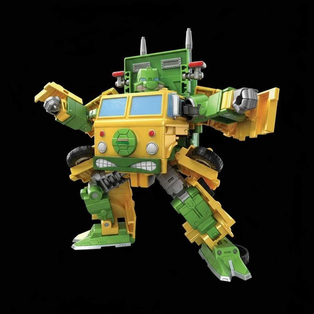 Front-facing view of Party Wallop robot mode with Party Wagon faceplate and retro TMNT design.