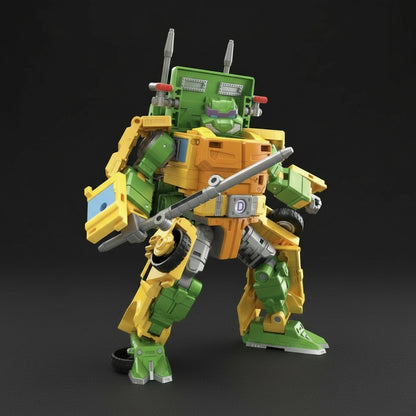 Party Wallop robot holding bo staff with alternate turtle head and detailed armor panels.