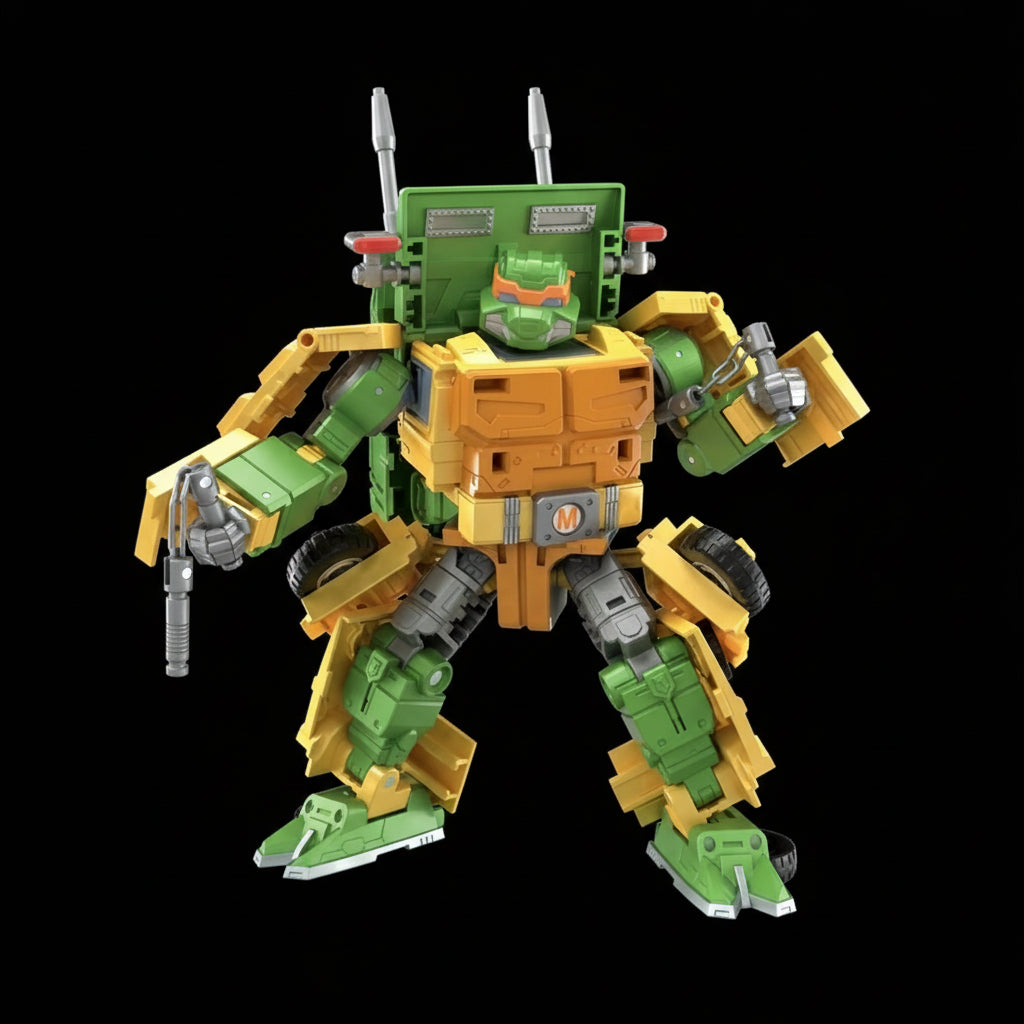 TMNT crossover figure posed with dual pistols and customizable belt emblem.
