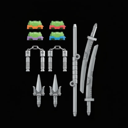 Full accessory set including katanas, sais, nunchucks, bo staff, blasters, and four turtle heads.