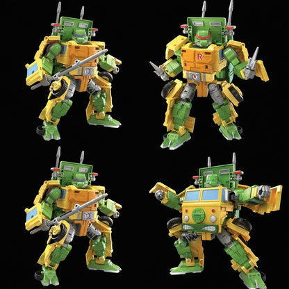 Multiple Party Wallop robot poses showing all four turtle configurations and transformation modes.
