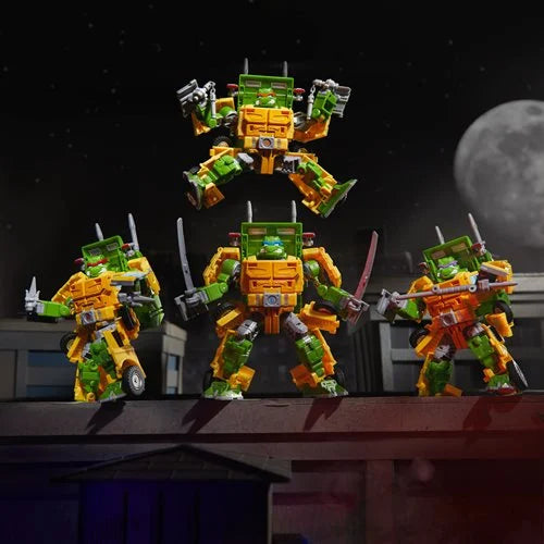 Four Party Wallop robot configurations posed together with different turtle weapon loadouts.