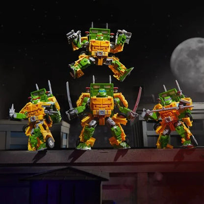 Four Party Wallop robot configurations posed together with different turtle weapon loadouts.