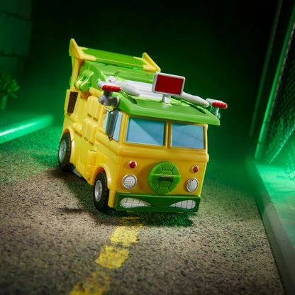 Party Wagon alt mode photographed with green lighting for dramatic sewer-inspired presentation.